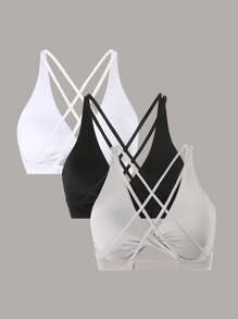 SHEIN Sports 女士简约纯色交叉带运动胸罩，适合健身房和户外活动 - 彩色 - 查看 2