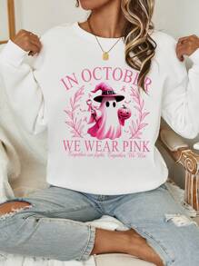 SHEIN LUNE Halloween Ghost Pink Ribbon Breast Cancer Awareness Month Casual Minimalist Graphic Print Loose Fit Thick Crew Neck Long Sleeve Women Hoodie Sweatshirt In Fall/Winter - White - View 1