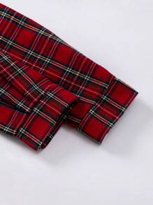 Tween Girl Adolescent Plaid Round Neck Long Sleeve Dress - Red - View 4