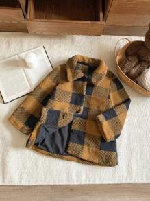 Blossori 年轻女孩秋冬法式优雅简约棕色格子泰迪羊毛翻领长袖中长外套 - 彩色 - 查看 6
