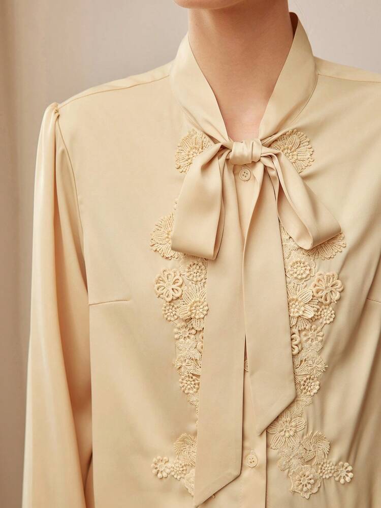SOLID TIE NECK GUIPURE LACE APPLIQUES DETAIL SHIRT