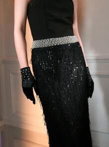 The Great Gatsby x MOTF RHINESTONE DETAIL SEQUIN FUZZY HEM HALTER NECK LONG DRESS - Black - View 3