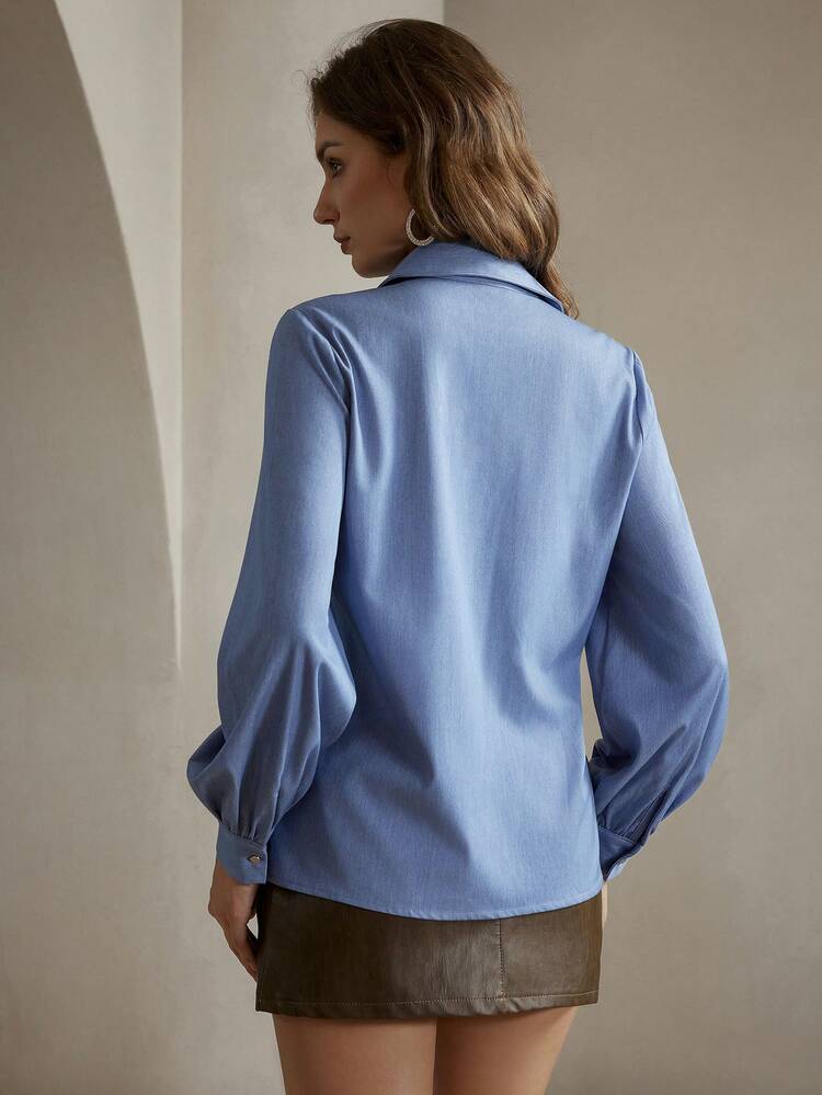 Women's Modern Floral Embellished Pocket Casual Denim Shirt, Blue
