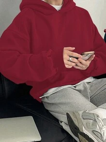 DAZY 秋季男士纯色保暖连帽运动衫 - 紅色 - 查看 3