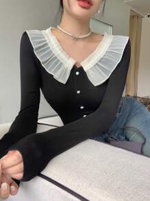 DAZY 女式拼色褶皱修身短袖 T 恤，秋季优雅，荷叶边长袖女式上衣