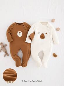 Cozy Pixies 2pcs Newborn Baby Boy Colorblock Bear Pattern Round Neck Raglan Sleeve Footie Romper Graphic - Multicolor - View 4
