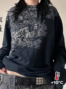 时尚街头风格 Y2K 印花圆领长袖女式运动衫，女士春秋休闲长袖圆领常规版型常规黑色落肩套头衫女式连帽衫