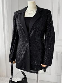 SHEIN EZwear Plus Size Women's Autumn Winter Luxury Style Lapel Collar Fitted Long Sleeve Beaded 2-Piece Suit, Homecoming Dresses, Party Wear - Black - View 6