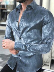 Manfinity AFTRDRK Men's Long Sleeve Allover Print Shirt, Suitable For Spring And Autumn, Men Luxury Shirt, Men Designer Shirt, Men Dusty Blue Shirt, Men Long Sleeve Dress Shirt