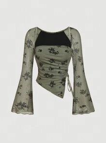 SHEIN MOD 女式喇叭袖复古花卉前系带绿色长袖 T 恤，秋装，舒适 T 恤，女士服装，海盗上衣嬉皮士服装，外出上衣方领上衣，嬉皮士服装 - 彩色 - 查看 1