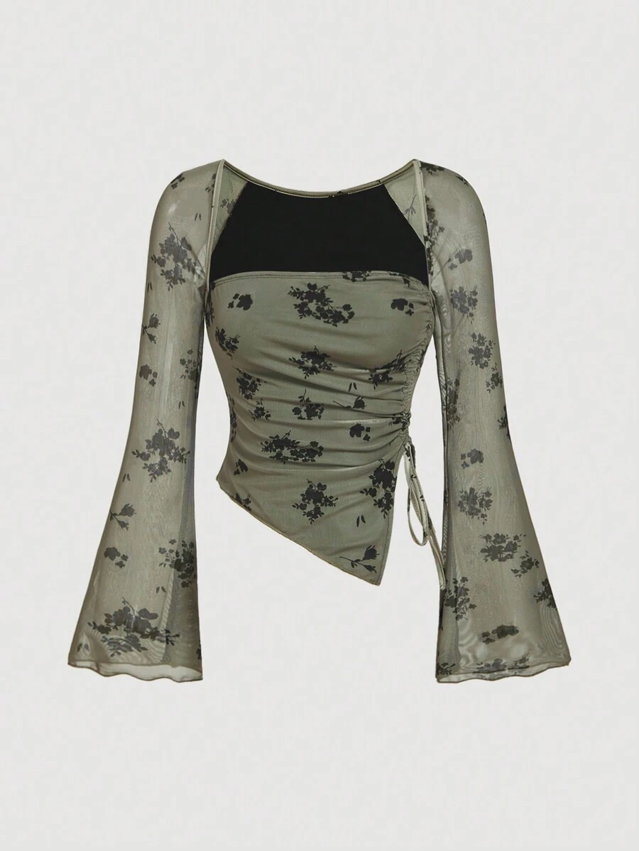 SHEIN MOD 女式喇叭袖复古花卉前系带绿色长袖 T 恤，秋装，舒适 T 恤，女士服装，海盗上衣嬉皮士服装，外出上衣方领上衣，嬉皮士服装 - 彩色 - 查看 1