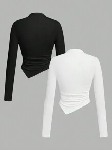 SHEIN SXY 2pcs/Set Asymmetrical Hem Mock Neck Long Sleeve T-Shirt - Multicolor - View 2