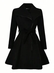 SHEIN Clasi Plus Size Elegant Solid Color Cinched Waist Coat For Autumn