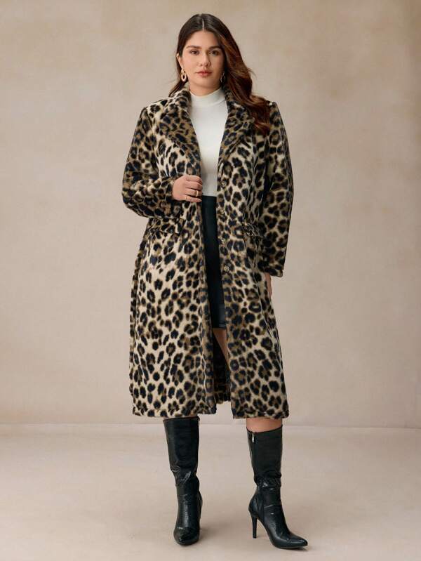 Elaquor 1pc Plus Size Women Winter Leopard Fluffy Coat, Simple & Fashion, Warm, With Pockets, Detachable Belt