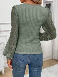 SHEIN Frenchy Women Casual Jacquard Patchwork Long Sleeve Blouse, Autumn Winter Green Christmas