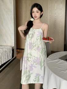 DAZY Vrouwen Bloemenprint Voorkant Strik V Hals Casual Losse Mouwloze Nachtjapon