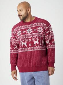 Mainfolk Plus Size Men's Christmas Deer & Snowflake Pattern Casual Graphic Pullover Crew Neck Long Sleeve Sweater, For Going Out, For Fall Winter - Red - View 4