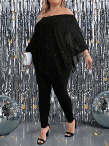 SHEIN CURVE+ 2pcs/Set Plus Size Women Off Shoulder Batwing Sleeve Asymmetrical Hem Loose Top & Skinny Pants - Black - View 1
