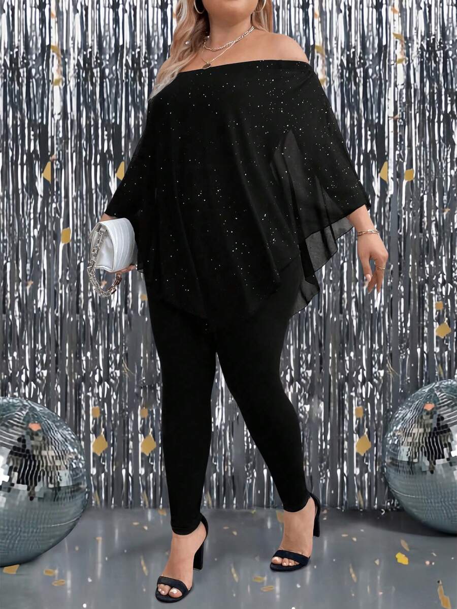 SHEIN CURVE+ 2pcs/Set Plus Size Women Off Shoulder Batwing Sleeve Asymmetrical Hem Loose Top & Skinny Pants - Black - View 1