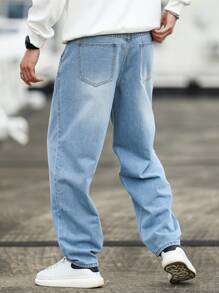 Manfinity Homme Men's Casual Distressed Cone Tapered Leg Jeans, Baggy Jeans Men, Light Blue Jeans Men, Blue Baggy Jeans Men - Blue - View 2