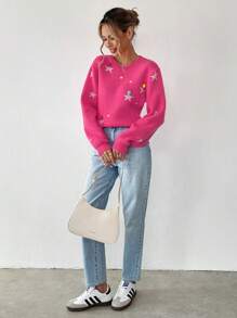 Chiquease Suéter de cuello redondo de manga larga con patrón de estrella de lujo casual para mujer, jersey de punto para otoño e invierno - Rojo - Ver 4