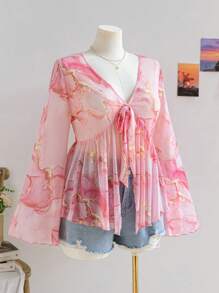 Soleia 大码女式彩色大理石印花针织网眼前开腰喇叭袖衬衫