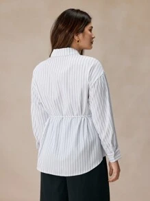 SHEIN Frenchy Plus Size Women's Casual Dropped Shoulder Long Sleeve Striped 3D Floral Blouse, Autumn - Black and White - View 5