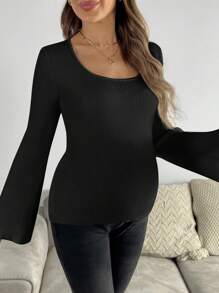 SHEIN Maternity Square Collar Bell Sleeve Ribbed Casual Sweater, Autumn/Winter - Black - View 4