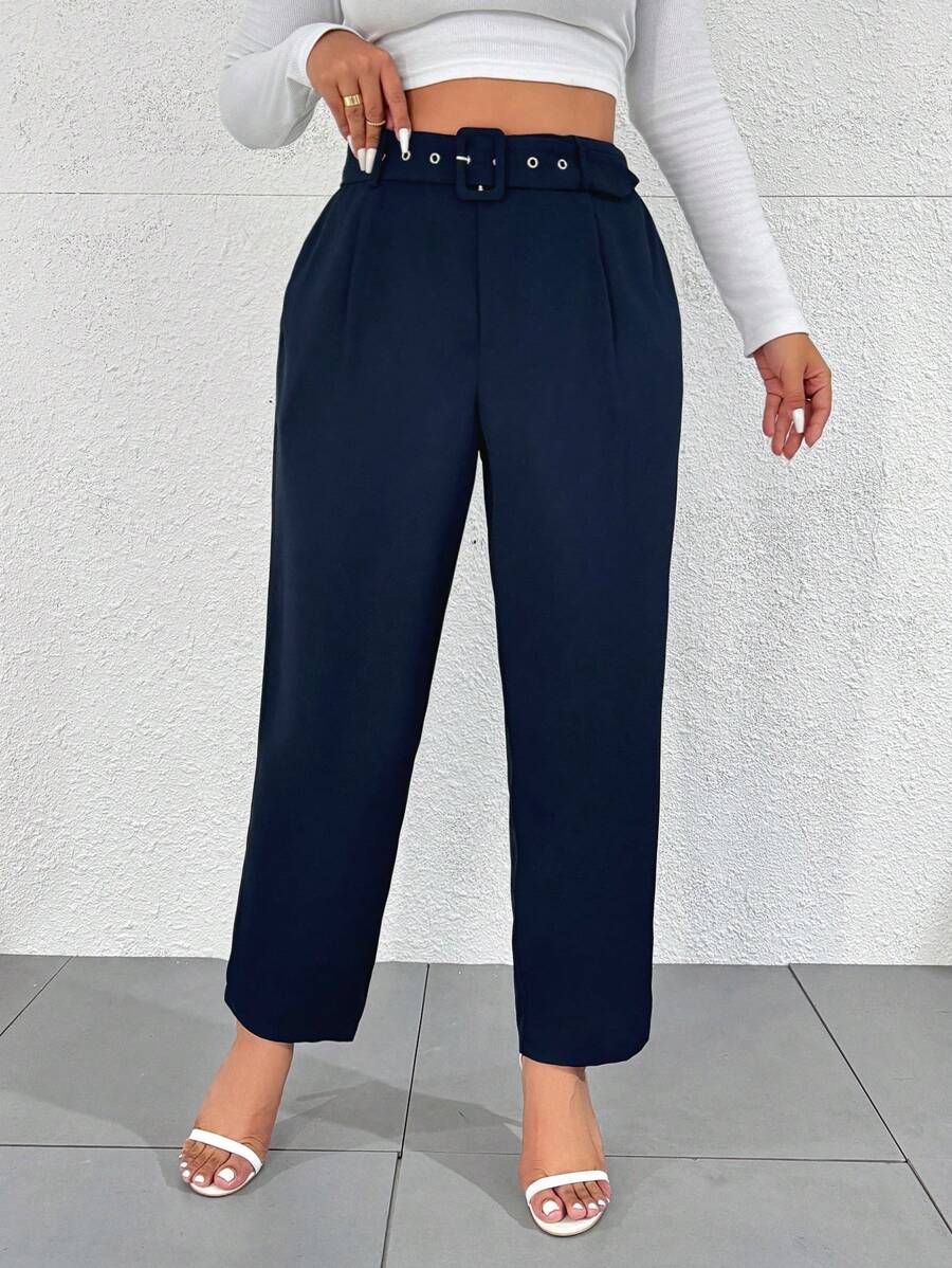 SHEIN Unity Plus Size Solid Belted Tapered Pants - Blue - View 1