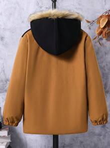 Chaqueta con capucha forrada térmica de manga larga con bloqueo de color y bolsillo utilitario para niño preadolescente, para otoño/invierno