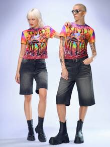 Manfinity UZERO Herenpatroon Print Ronde Hals Korte Mouw Slim Fit Casual T-shirt, Geschikt Voor De Zomer, Y2k