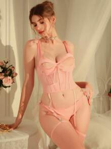 粉色女士性感内衣套装，纯真性感，带可拆卸蝴蝶结装饰，贴身内衣 - 粉色 - 查看 4