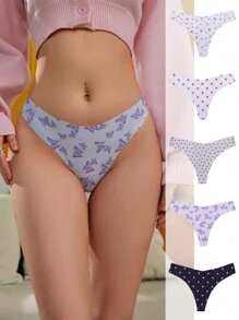 5pcs/Pack Women Butterfly & Heart Polka Dot Printed Thong Panties - Multicolor - View 1