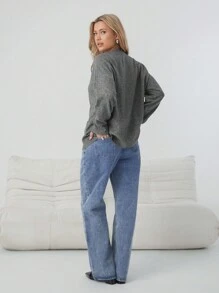 Easelle 女式宽松落肩长袖开衫，带口袋，灰色，秋冬款 - 灰色 - 查看 2