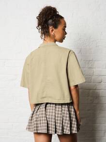 SUMWON WOMEN Utility Canvas Cropped Work Shirt Short Sleeve Button Up Workwear Spring Summer Lightweight Boxy Service Casual Street Style Daily Wear