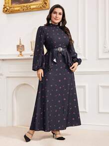Modelyn Plus Size Bescheiden Standkraag Lange Mouw Bloemenprint Lange Arabische Jurk