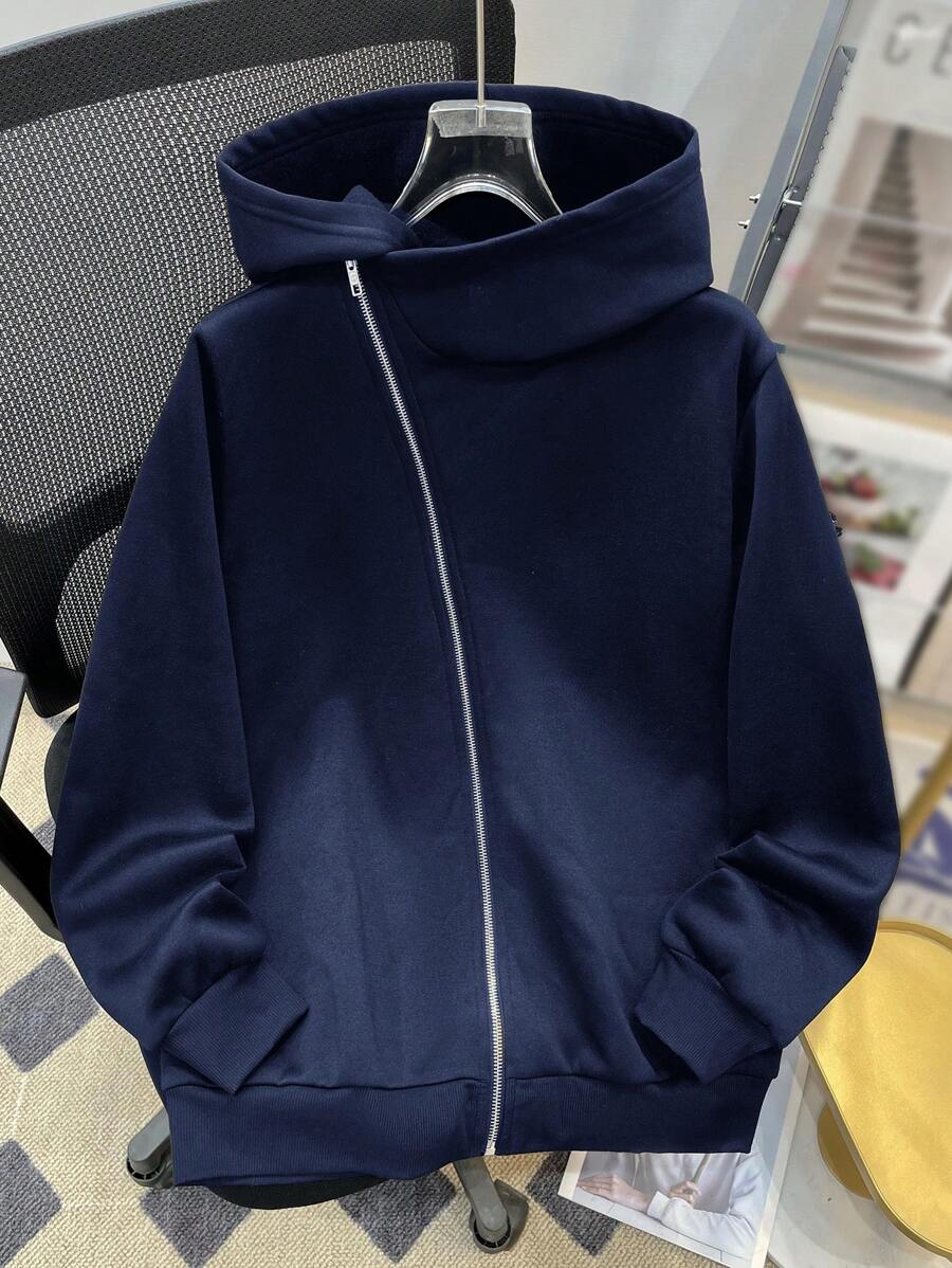 SHEIN 1 件休闲百搭舒适保暖特殊拉链领拉链针织连帽衫，适合青少年男孩、街头时尚、秋冬 - 藏蓝色 - 查看 1