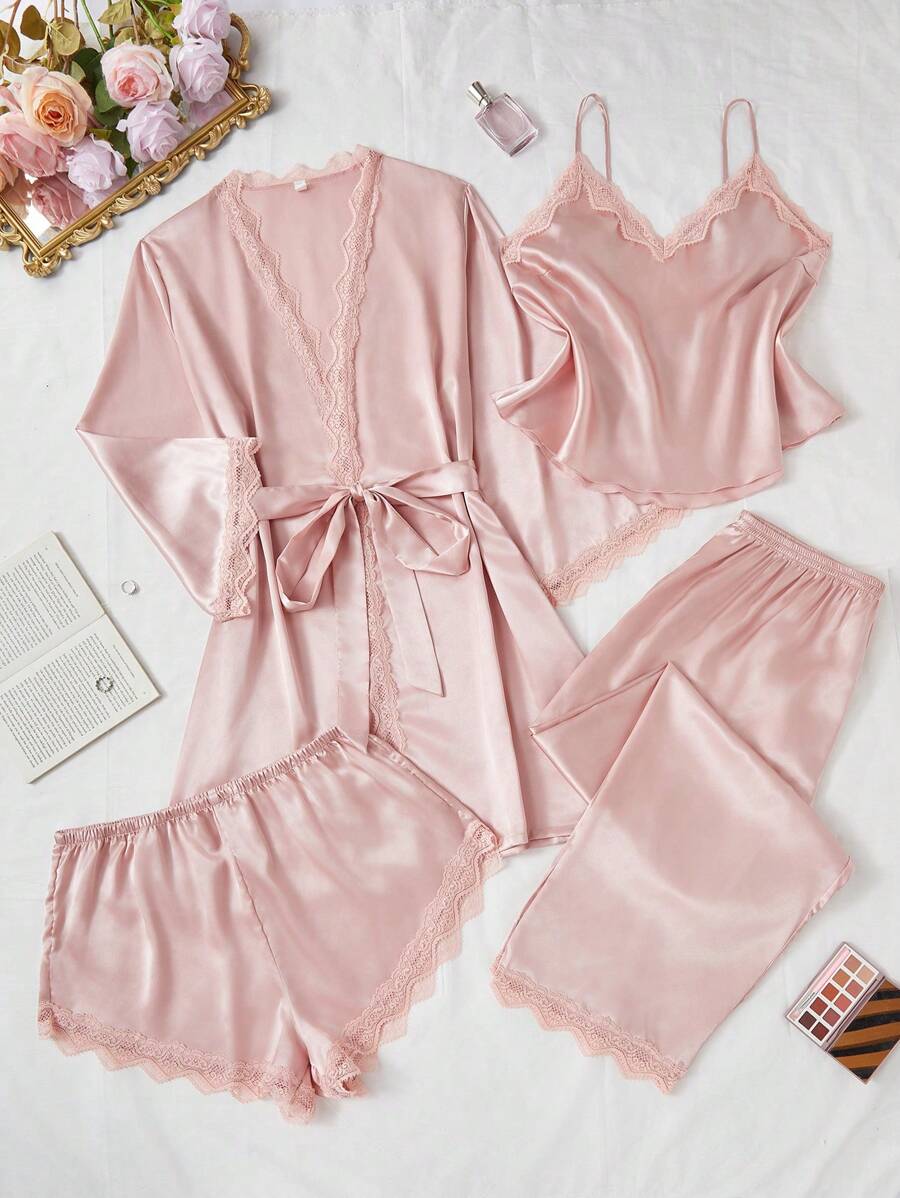 LuxeNights 4件套加大码套装：蕾丝拼接仿丝吊带背心和短裤、长裤和睡袍，秋冬服装 - 粉色 - 查看 1