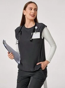 TaskEZ Conjunto informal de uniforme de scrubs con top cuello redondo minimalista y pantalón de chándal con bolsillo