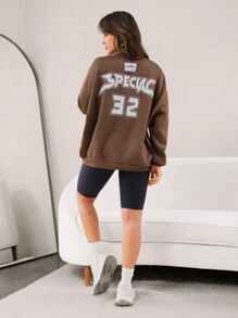 Mulvari Women Casual Letter And Number Print Dropped Shoulder Loose Hoodie With Rivet Decoration, Spring Autumn