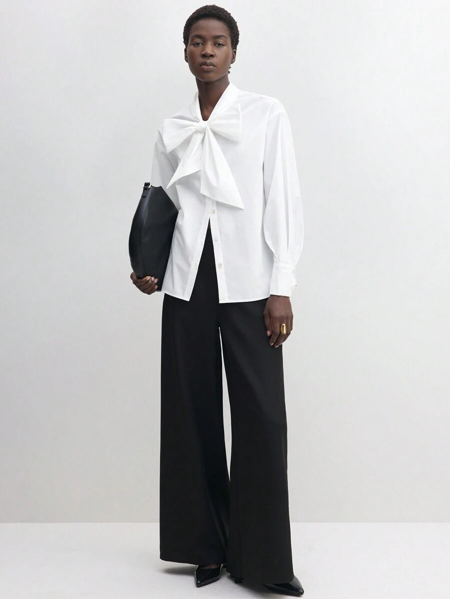 BizChic 女士休闲优雅打结纽扣衬衫，百搭衬衫，适合商务、办公、休闲场合，春夏皆宜 - 白色 - 查看 1