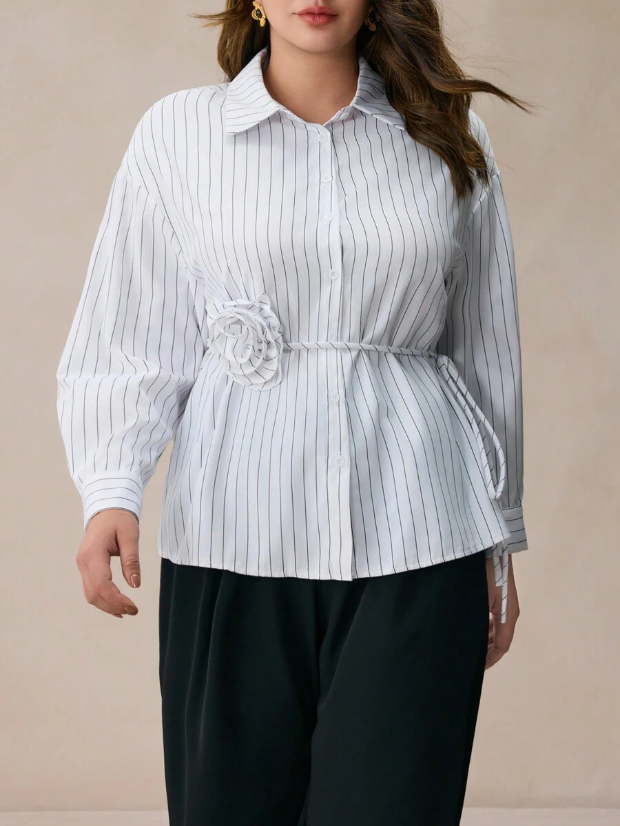 SHEIN Frenchy Plus Size Women's Casual Dropped Shoulder Long Sleeve Striped 3D Floral Blouse, Autumn - Black and White - View 1