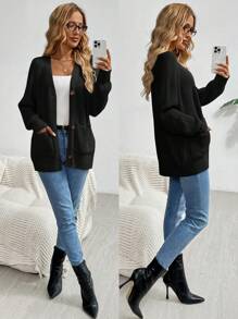 SHEIN LUNE Women Casual Everyday Pocket V-Neck Button Up Cardigan Sweater In Fall/Winter