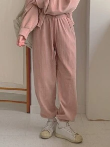 DAZY 2pcs Women Solid Color Drawstring Hoodie And Pants Casual Sports Suit