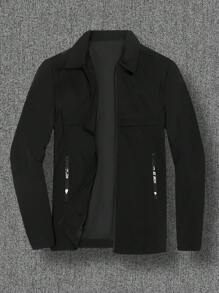Manfinity Homme Plus Size Men's Casual Autumn Zip Front Oblique Pocket Jacket, Everyday Wear - Black - View 1