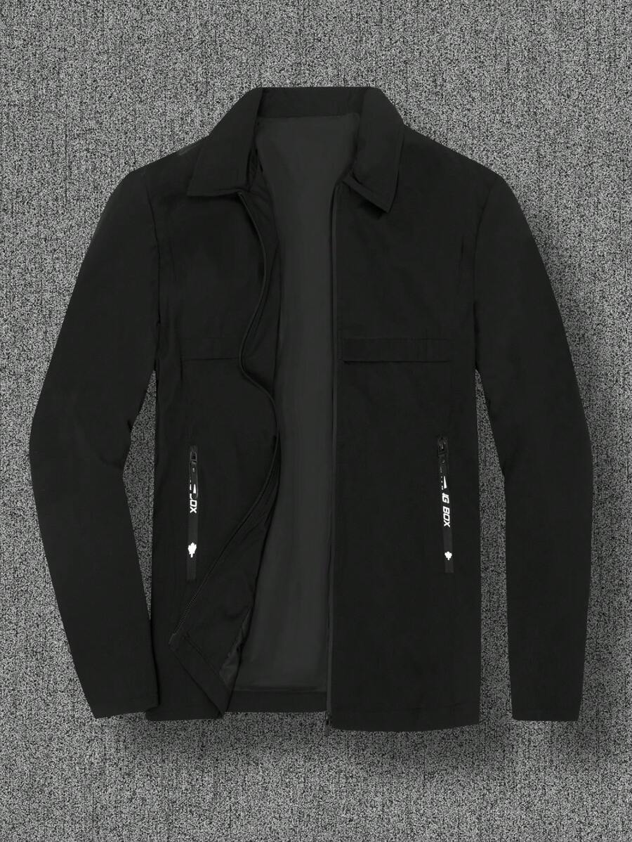 Manfinity Homme Plus Size Men's Casual Autumn Zip Front Oblique Pocket Jacket, Everyday Wear - Black - View 1