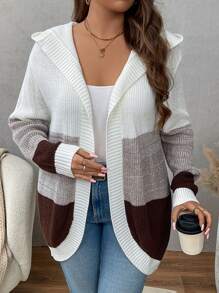 SHEIN Clasi Cárdigan con capucha casual de tallas grandes de bloque de color sin botones con bajo redondeado, vestido de invierno para mujer, ropa de otoño para curvas, país, atuendo de mujer occidental, bohemio