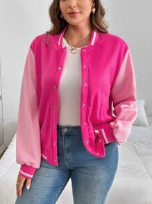 SHEIN Essnce 大碼撞色條紋飾邊飛行員夾克 - 粉色 - 查看 5