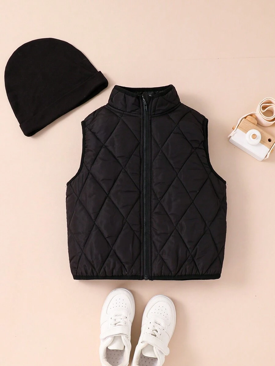 2pcs/Set Young Boy Casual Cute Stand Collar Sleeveless Thick Woven Winter Coat Parka Vest With Hat, Suitable For School, Garden, Beach, Birthday, Spring, Summer, Autumn, Winter - Black - View 1