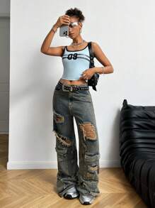 SHEIN EZwear Áo ba lỗ in số thường ngày cho nữ - Màu xanh lam - Xem 4